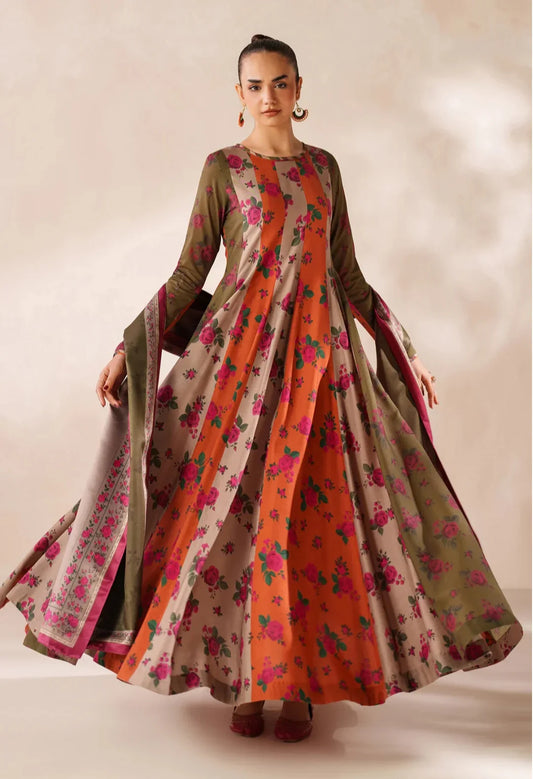 Multi Colour Frock Digital Printed Soft Manadora Winter 3Pcs(PREMIUM QUALITY) (F)