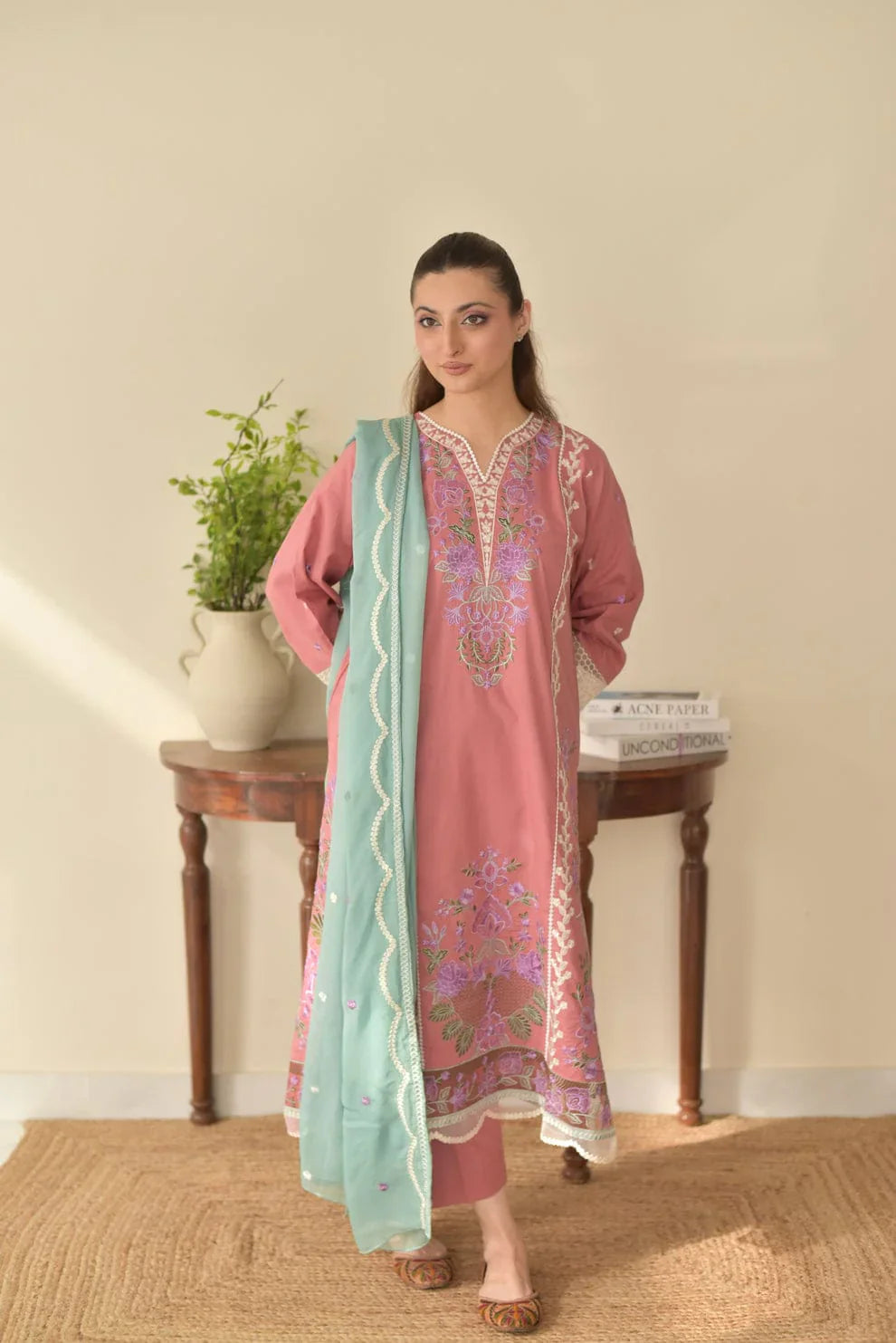 Nura baby pink Embroidered 3pcs