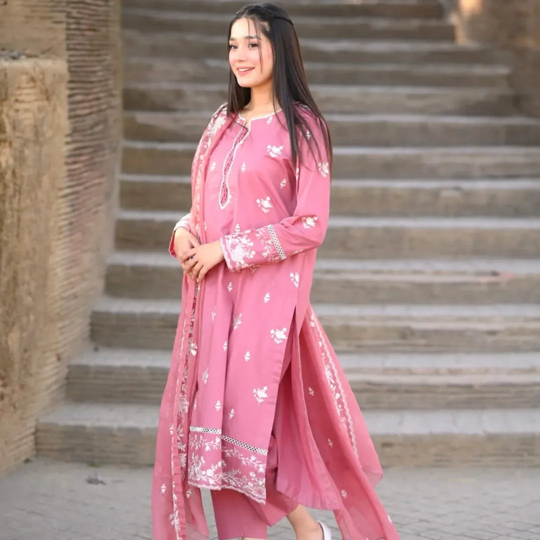 Pink Flora Embroidered 3pcs