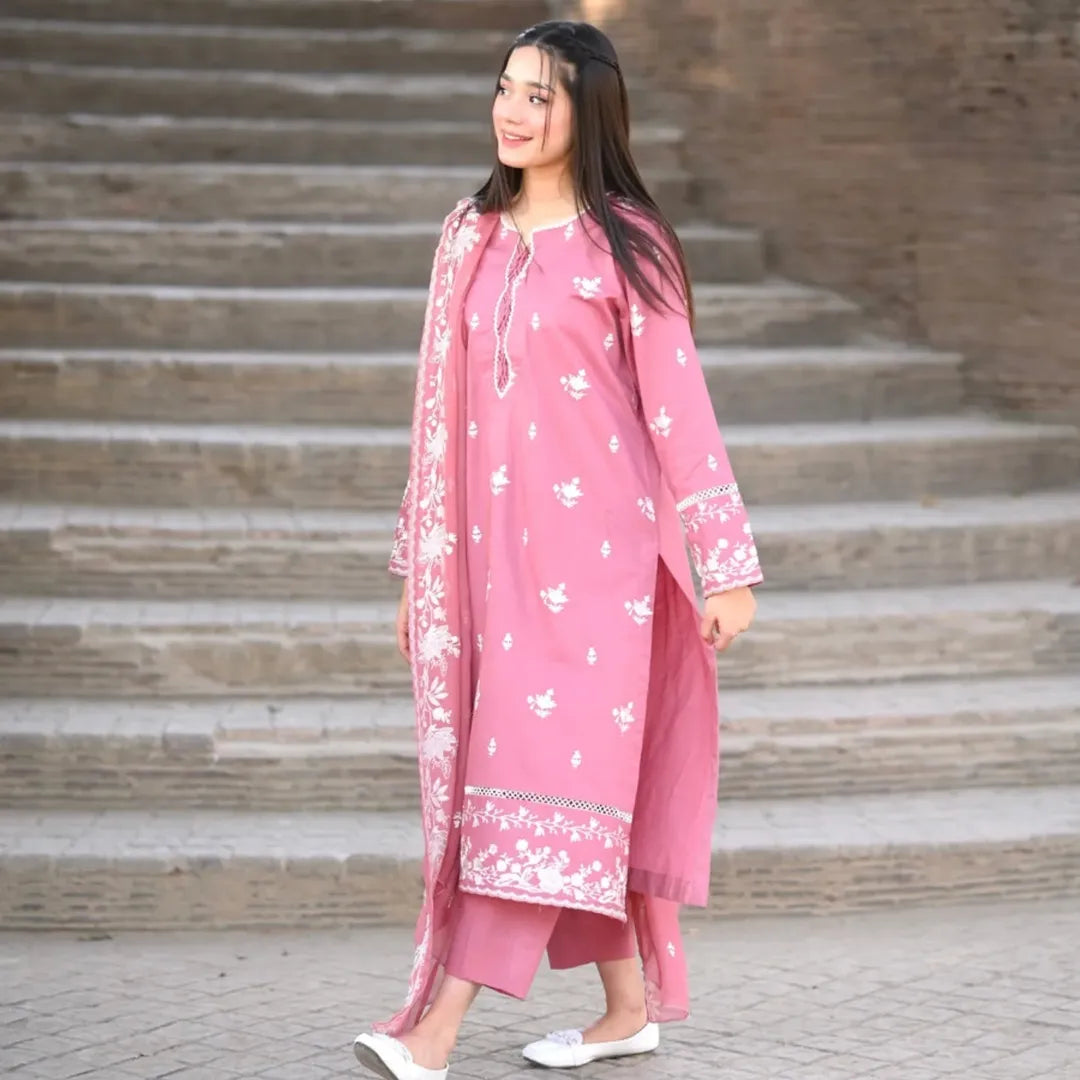 Pink Flora Embroidered 3pcs