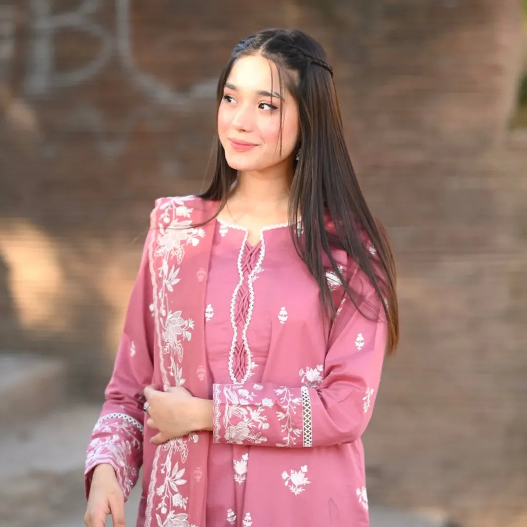 Pink Flora Embroidered 3pcs