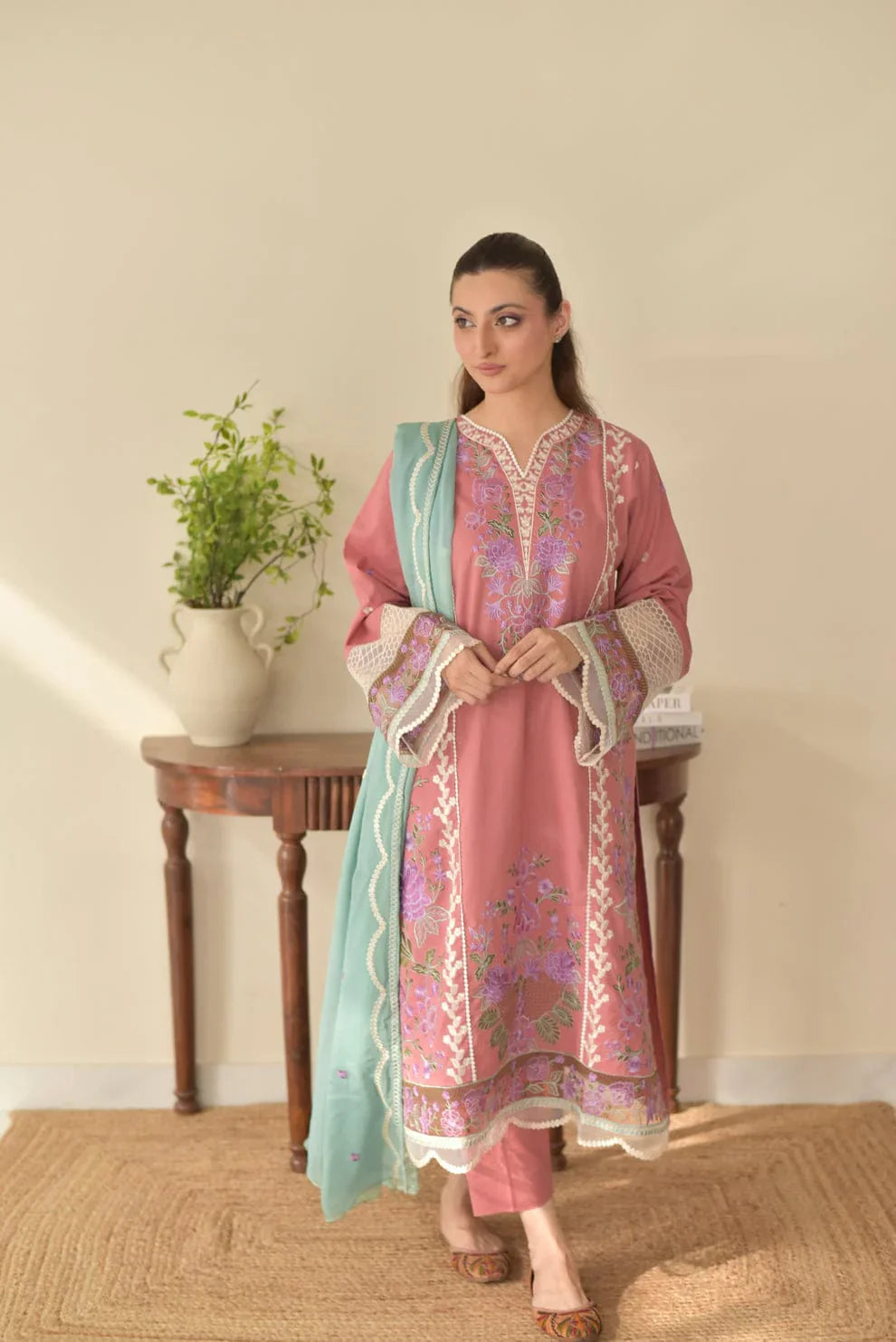 Nura baby pink Embroidered 3pcs