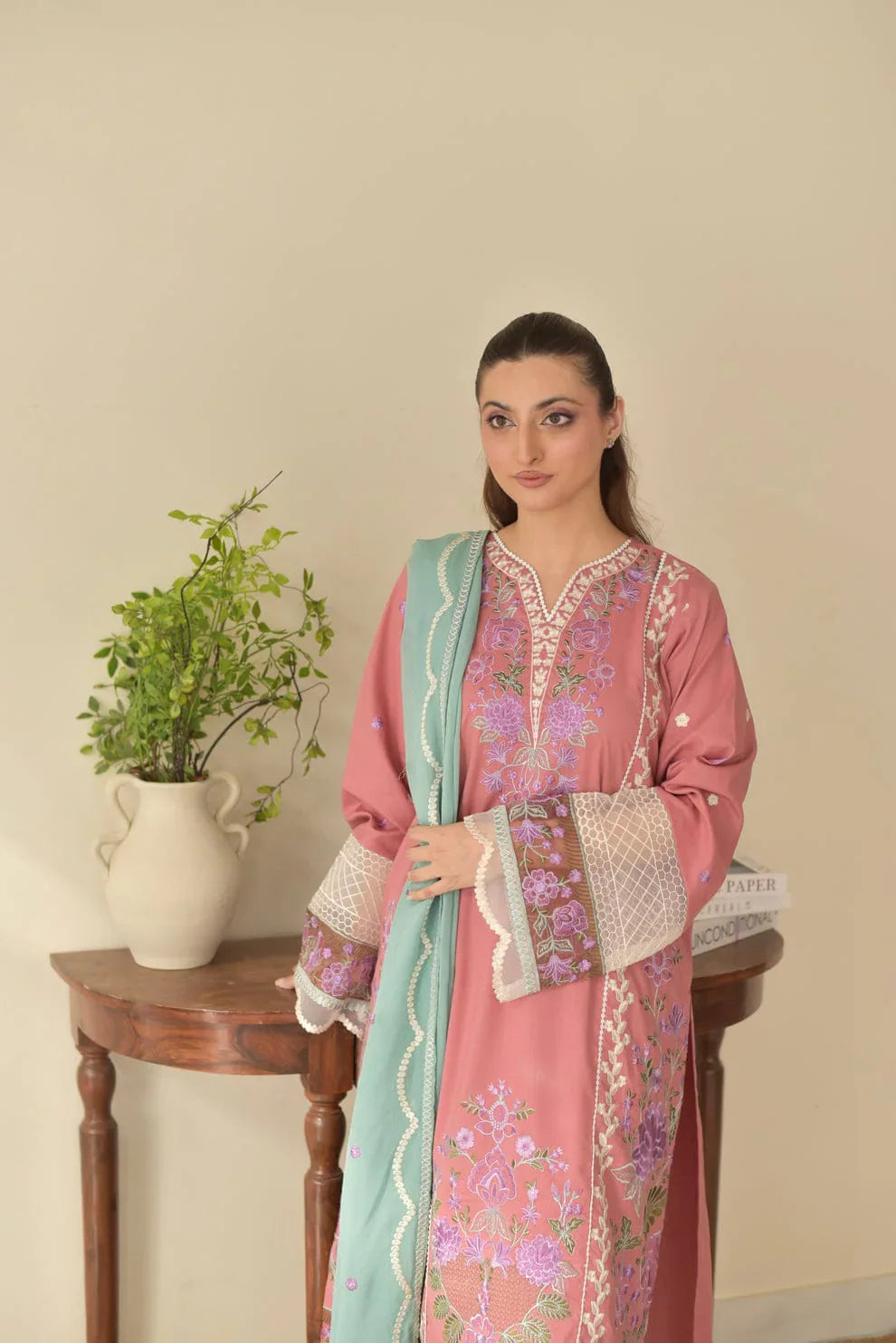 Nura baby pink Embroidered 3pcs