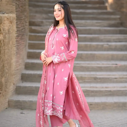 Pink Flora Embroidered 3pcs