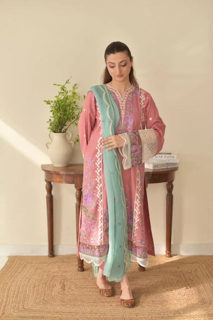 Nura baby pink Embroidered 3pcs